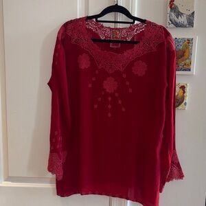 JOHNNY WAS vintage Red Lace Trim Blouse